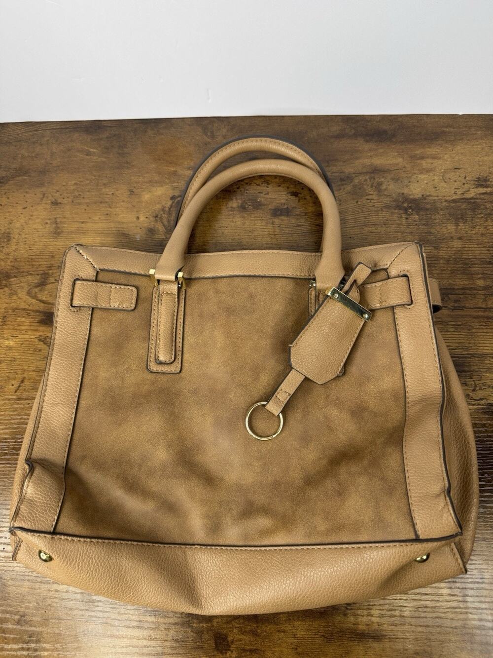 Merona Tan Brown Faux Leather Satchel Handbag purse Structured Tote Gold